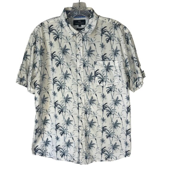 MB Michael Brandon Hawaiian Shirt Mens Large White Blue Casual Slim Fit - Picture 1 of 8